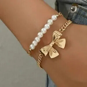 Luxe Gold Tone Faux Pearl Bow Chain Bracelet Set